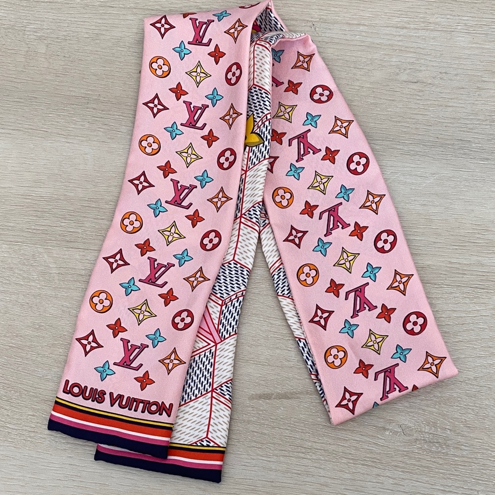 Louis Vuitton Damier Pop Up Pink Twilly Silk Scarf Bandeau